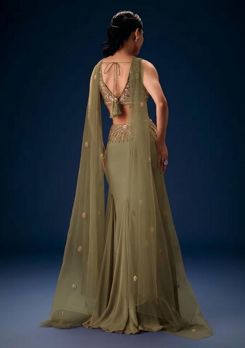 Grey Hand Work Crepe Fusion Set - Indya