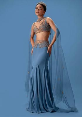 Dusty Blue Hand Work Crepe Fusion Set