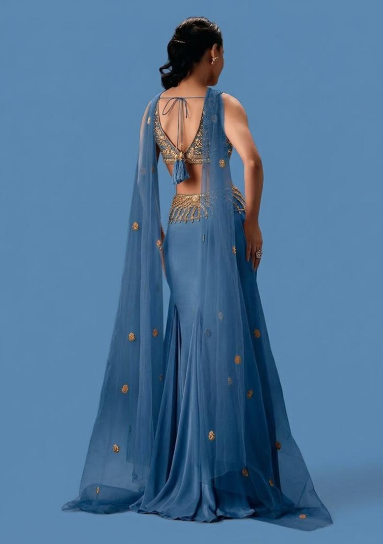 Dusty Blue Hand Work Crepe Fusion Set - Indya