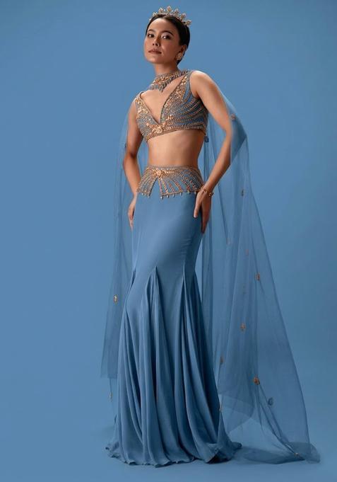 Dusty Blue Hand Work Crepe Fusion Set