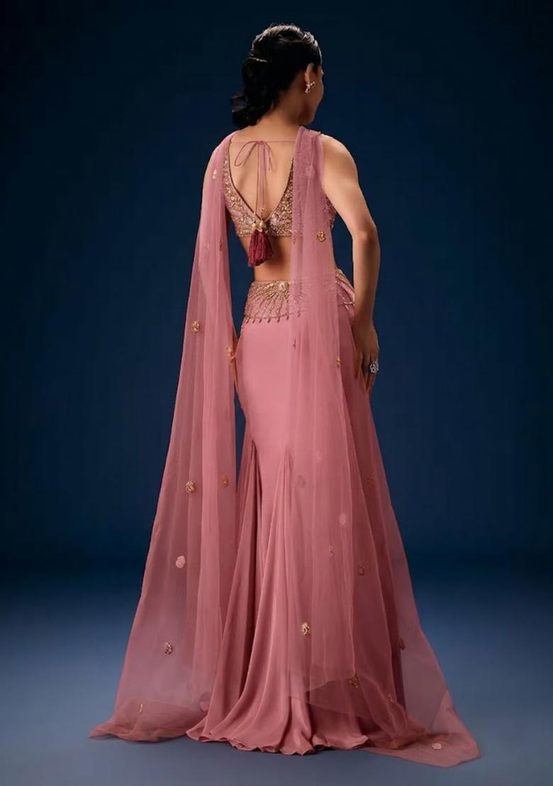 Pink Hand Work Crepe Fusion Set - Indya