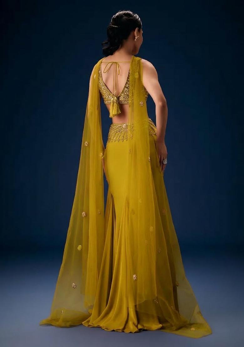 Mustard Green Hand Work Crepe Fusion Set - Indya