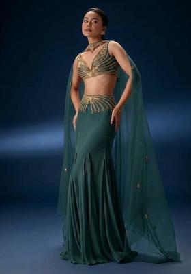 Deep Teal Blue Hand Work Crepe Fusion Set