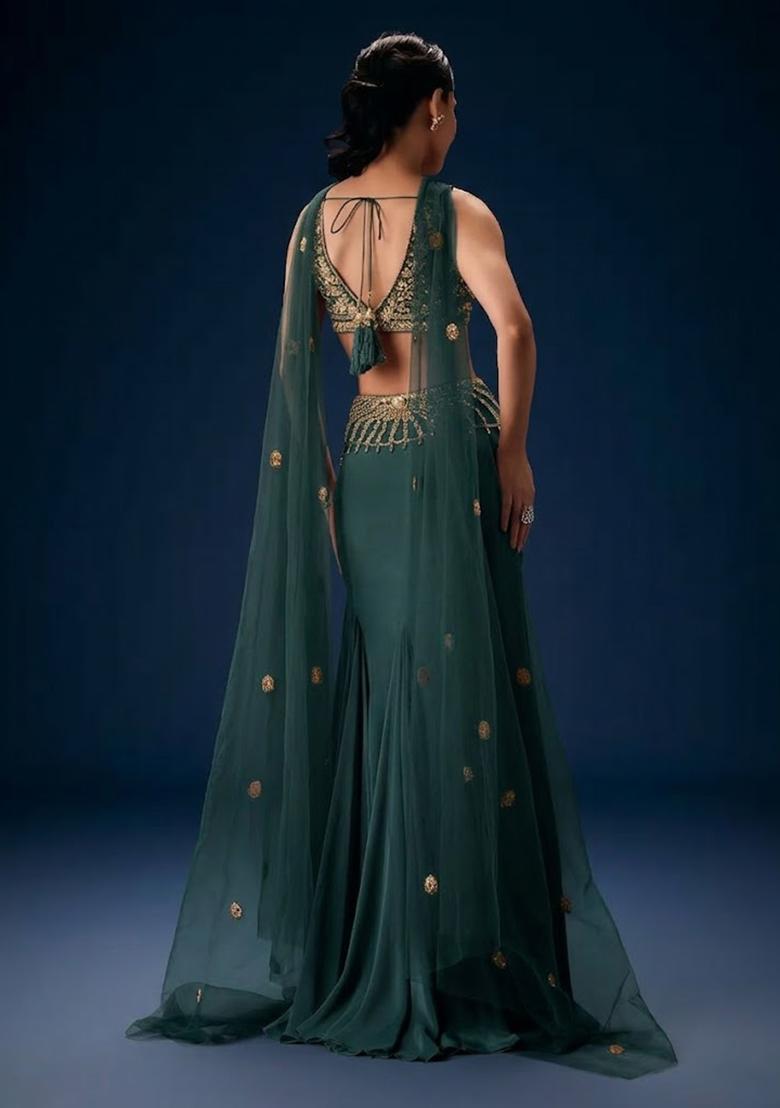 Deep Teal Blue Hand Work Crepe Fusion Set - Indya