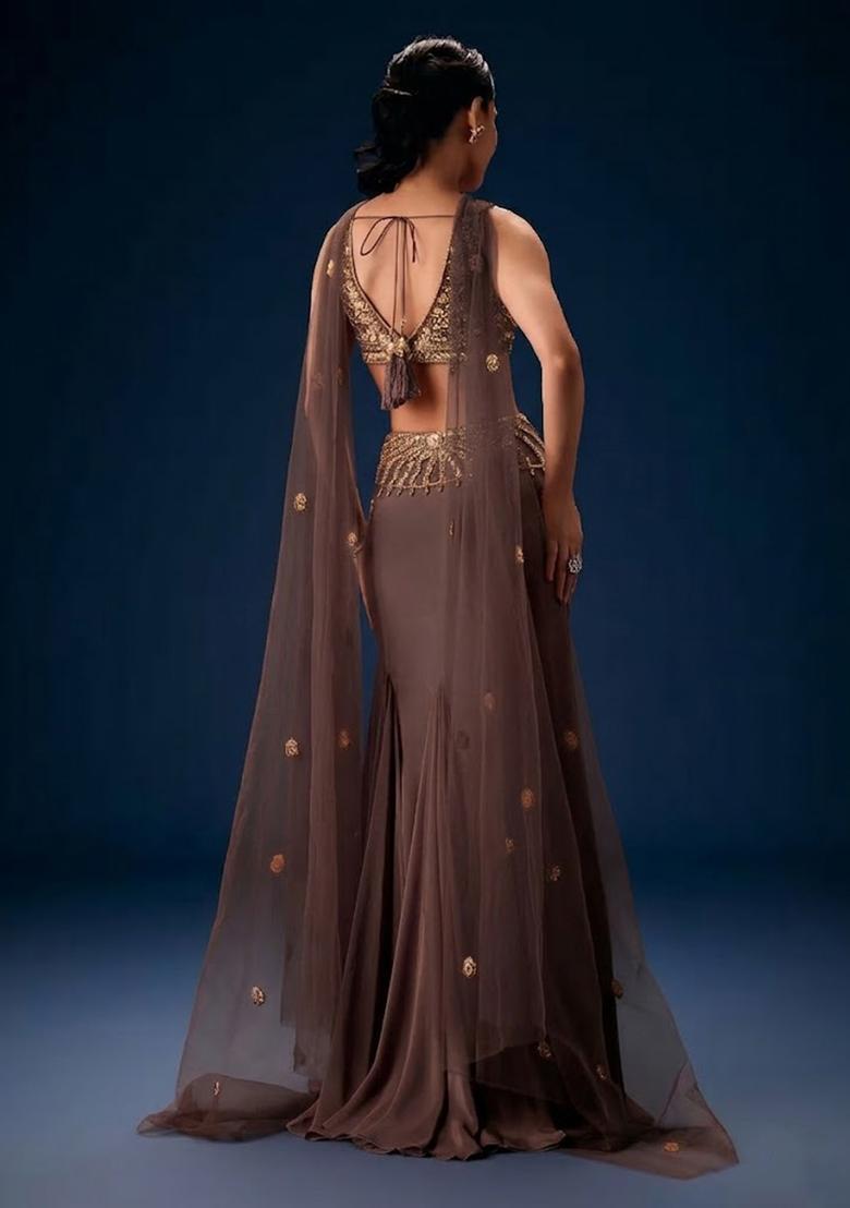 Grey Hand Work Crepe Fusion Set - Indya