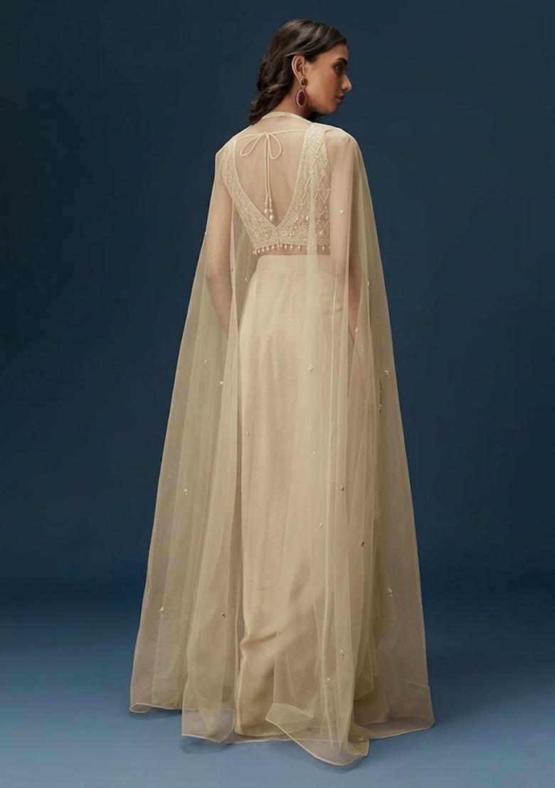 Champagne Beige Hand Work Crepe Fusion Set - Indya