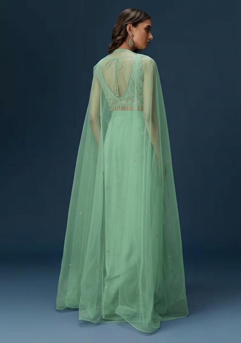 Mint Green Hand Work Crepe Fusion Set - Indya