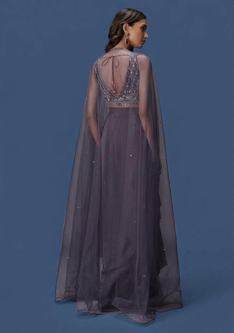 Grey Hand Work Crepe Fusion Set - Indya