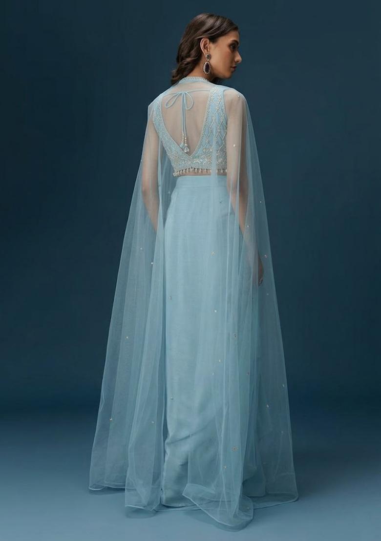 Pastel Blue Hand Work Crepe Fusion Set - Indya