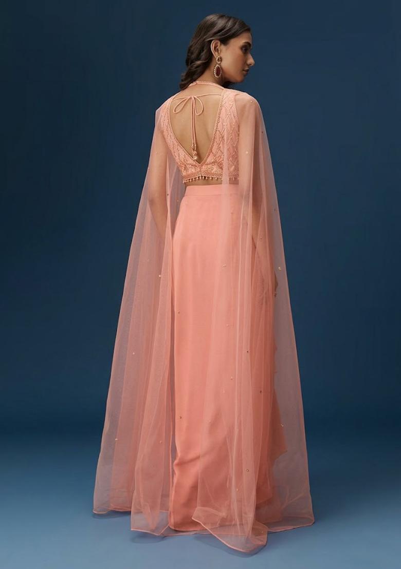 Peach Hand Work Crepe Fusion Set - Indya