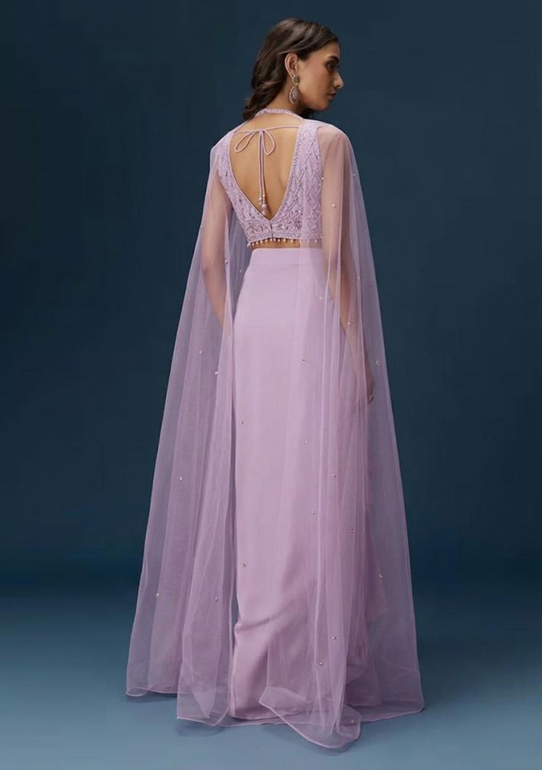 Lavender Hand Work Crepe Fusion Set - Indya