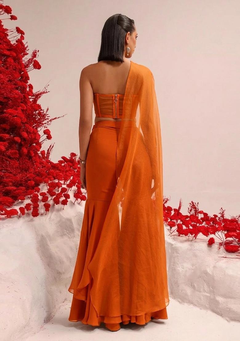 Orange Hand Work Georgette Sharara Set - Indya