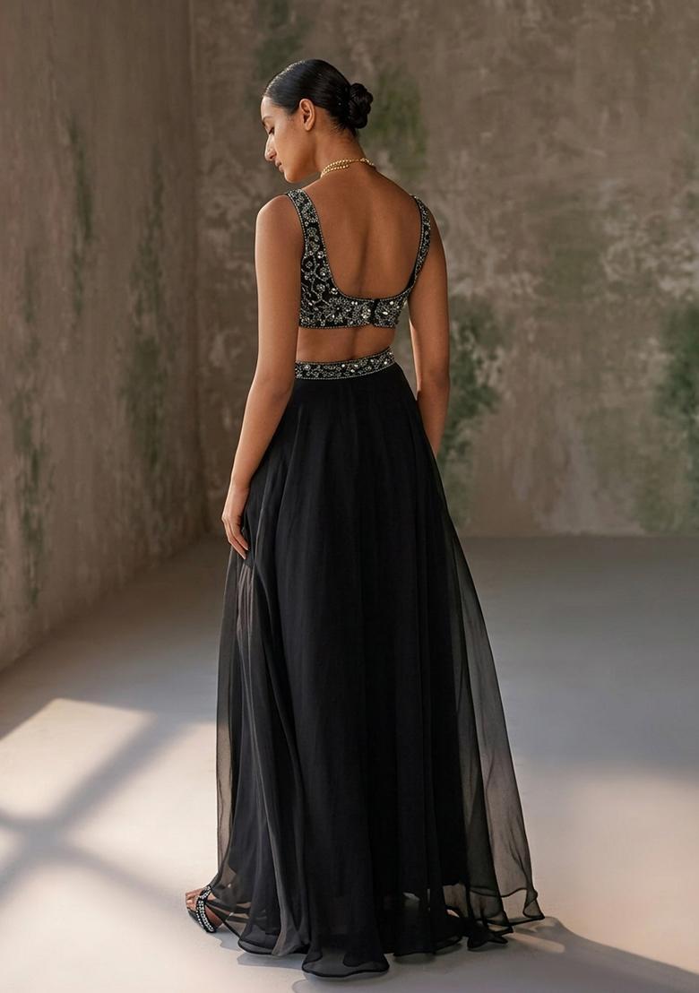 Jet Black Hand Work Organza Lehenga Set - Indya