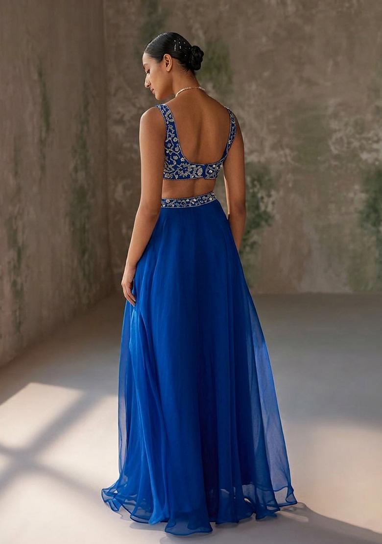 Royal Blue Hand Work Organza Lehenga Set - Indya