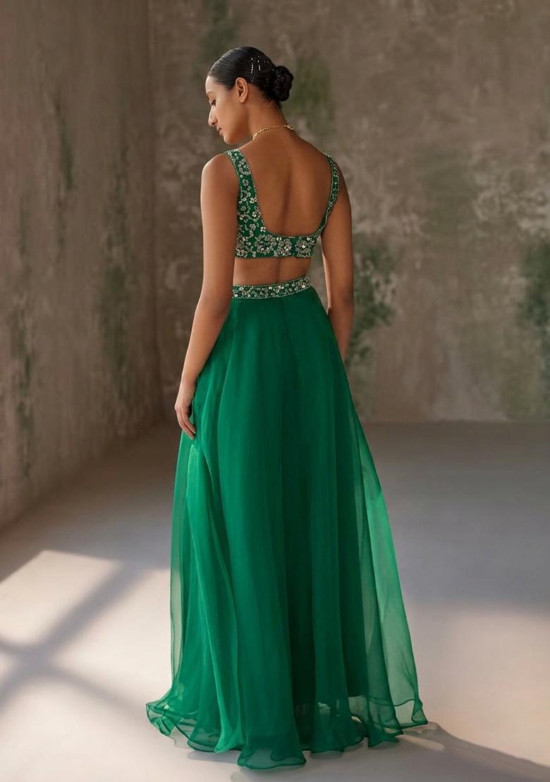 Bottle Green Hand Work Organza Lehenga Set - Indya