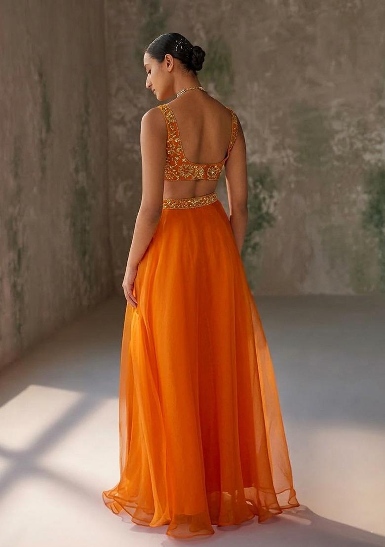 Orange Hand Work Organza Lehenga Set - Indya