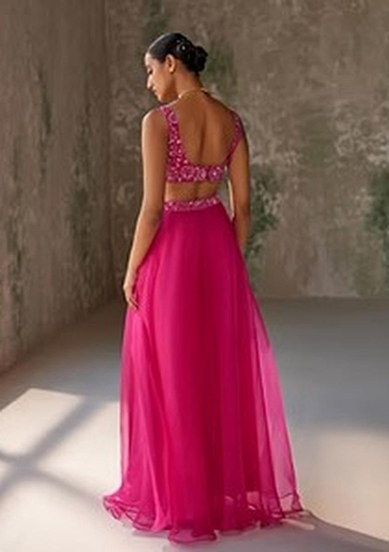 Hot Pink Hand Work Organza Lehenga Set - Indya
