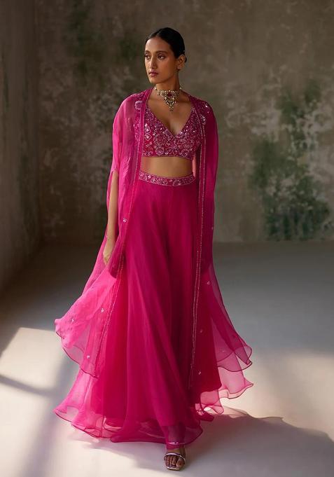 Hot Pink Hand Work Organza Lehenga Set