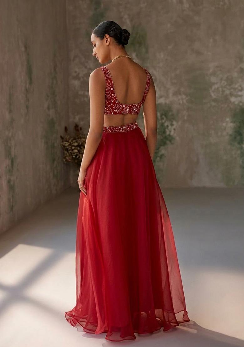 Red Hand Work Organza Lehenga Set - Indya