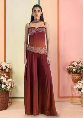 Rust Red Hand Work Georgette  Sharara Set