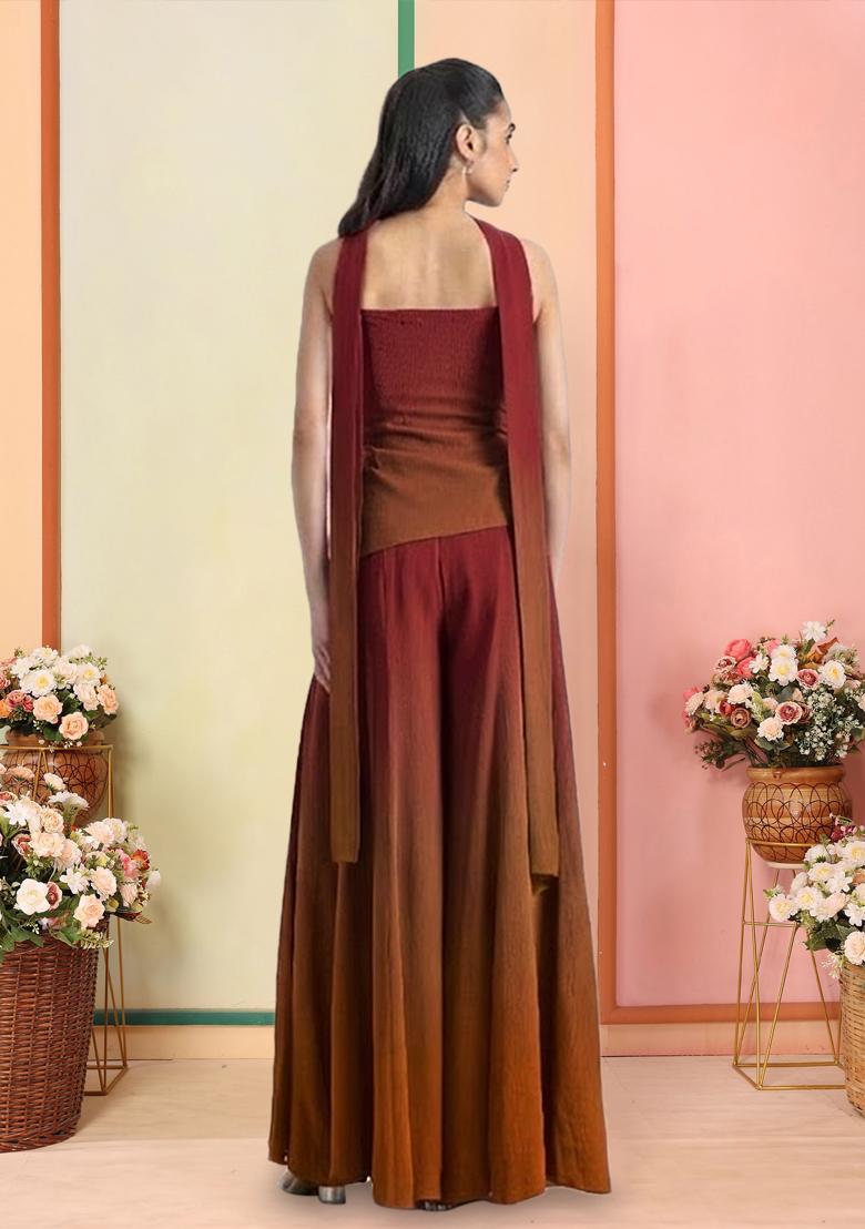 Rust Red Hand Work Georgette  Sharara Set - Indya