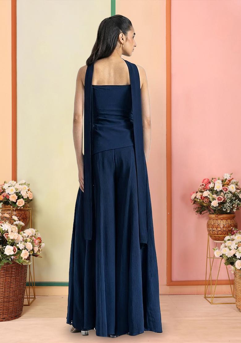 Midnight Blue Hand Work Georgette  Sharara Set - Indya