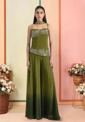 Olive Green Hand Work Georgette  Sharara Set