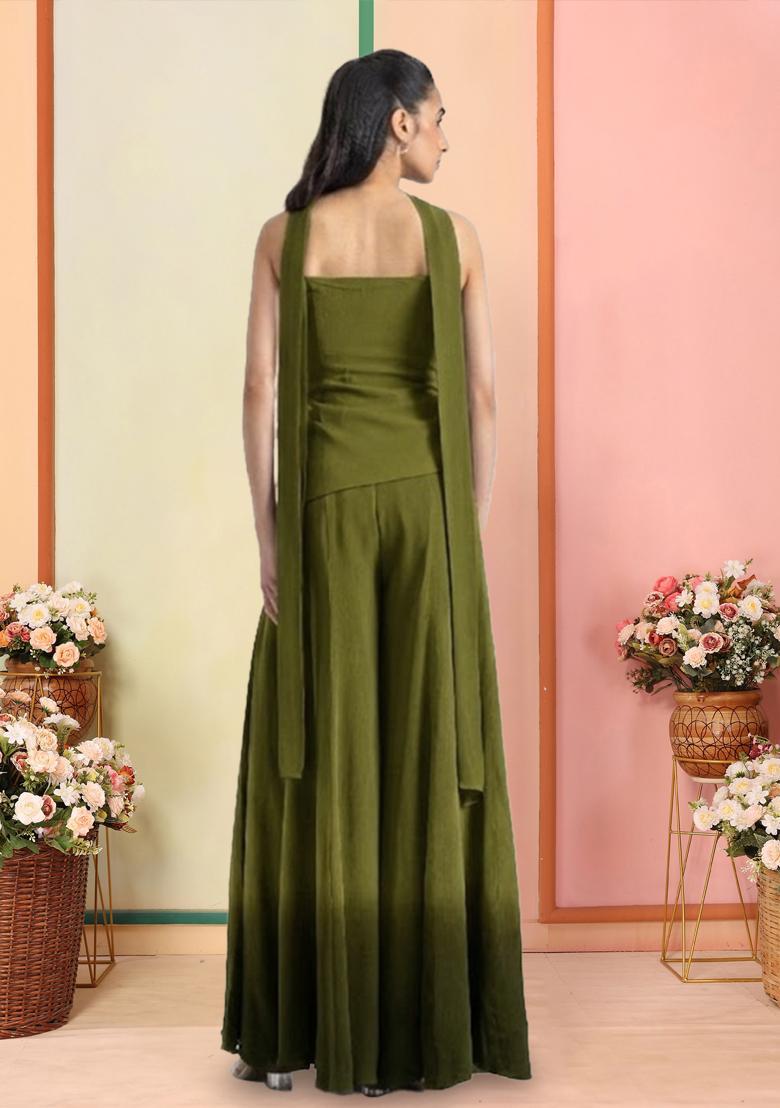 Olive Green Hand Work Georgette  Sharara Set - Indya
