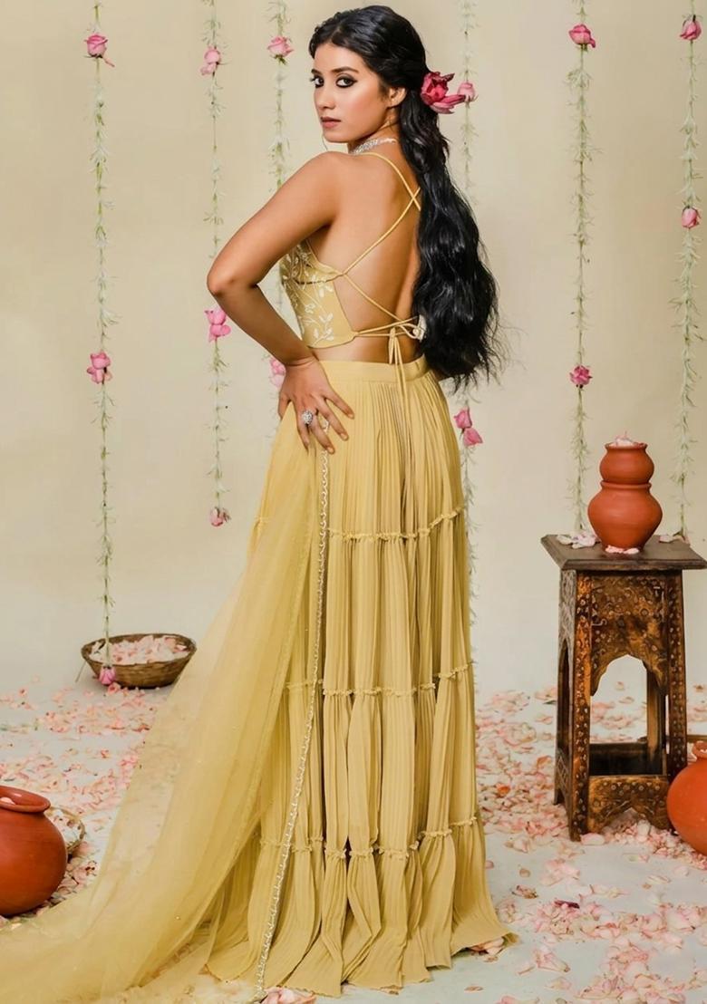 Mustard Yellow Hand Work Georgette Sharara Set - Indya