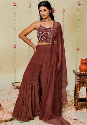 Brown Hand Work Georgette Sharara Set
