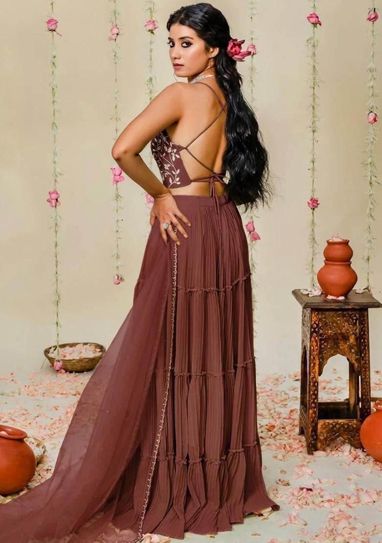 Brown Hand Work Georgette Sharara Set - Indya