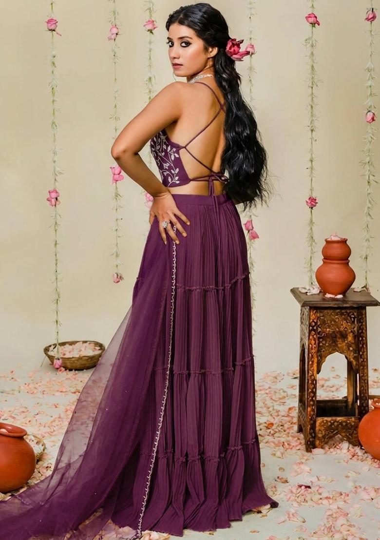 Purple Hand Work Georgette Sharara Set - Indya
