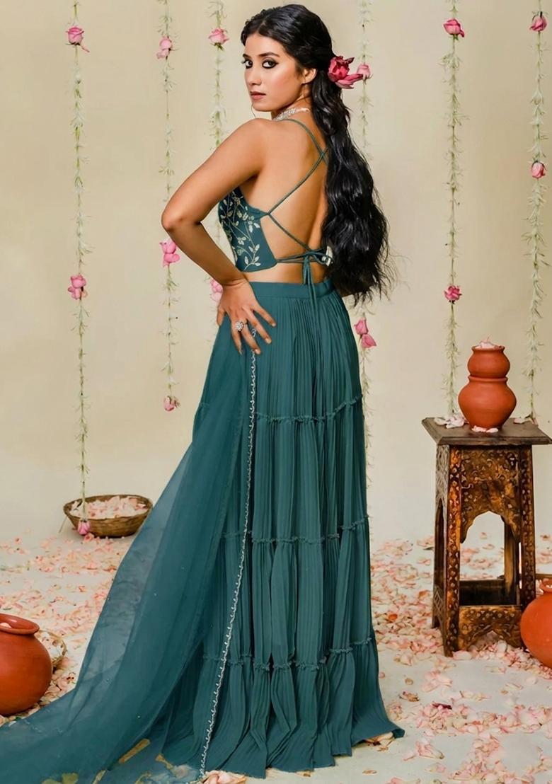 Teal Blue Hand Work Georgette Sharara Set - Indya