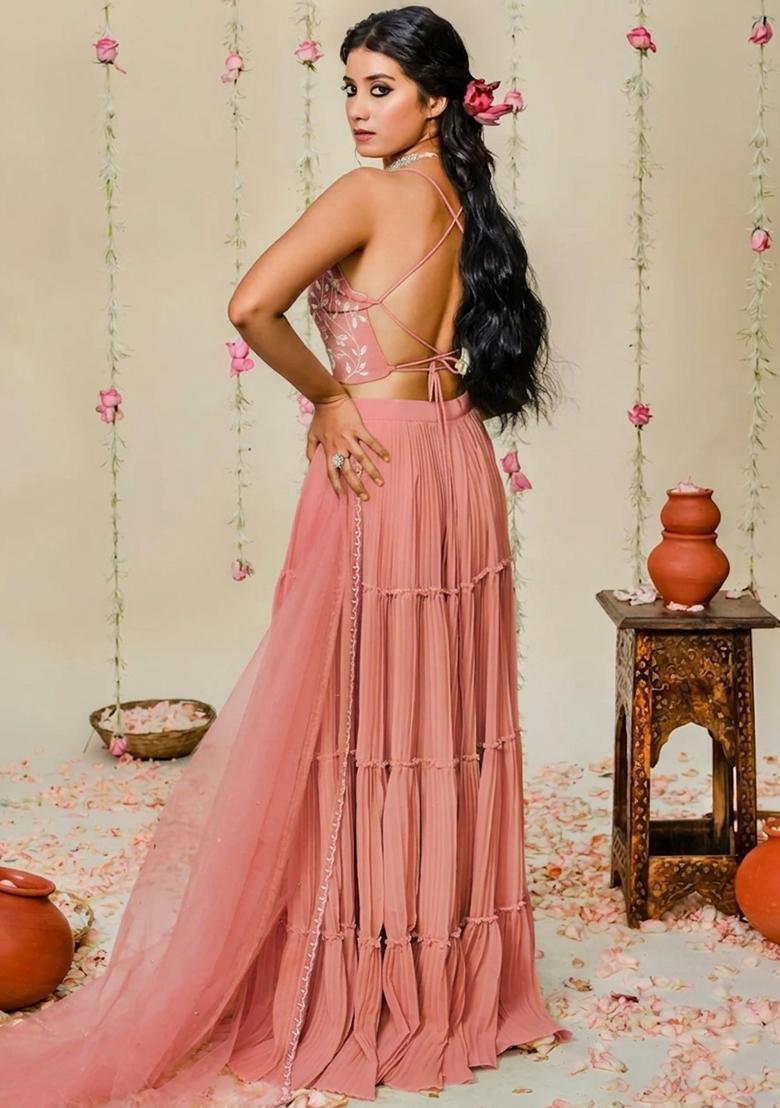 Rose Pink Hand Work Georgette Sharara Set - Indya