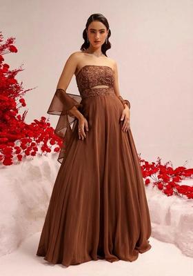 Chocolate Brown Hand Work Crepe Fusion Set
