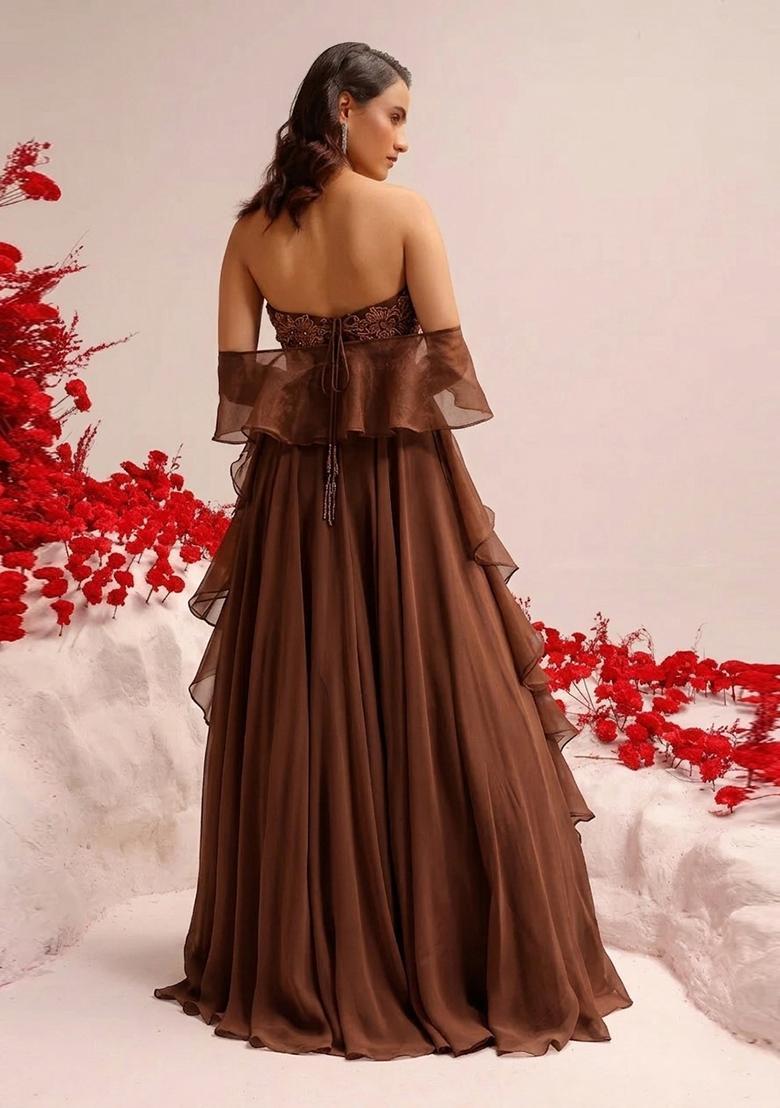 Chocolate Brown Hand Work Crepe Fusion Set - Indya