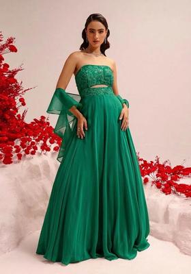 Bottle Green Hand Work Crepe Lehenga Set