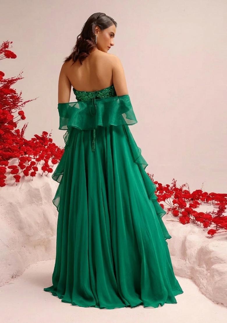 Bottle Green Hand Work Crepe Lehenga Set - Indya