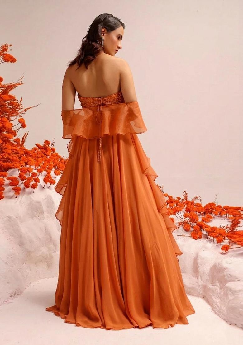 Orange Hand Work Crepe Lehenga Set - Indya