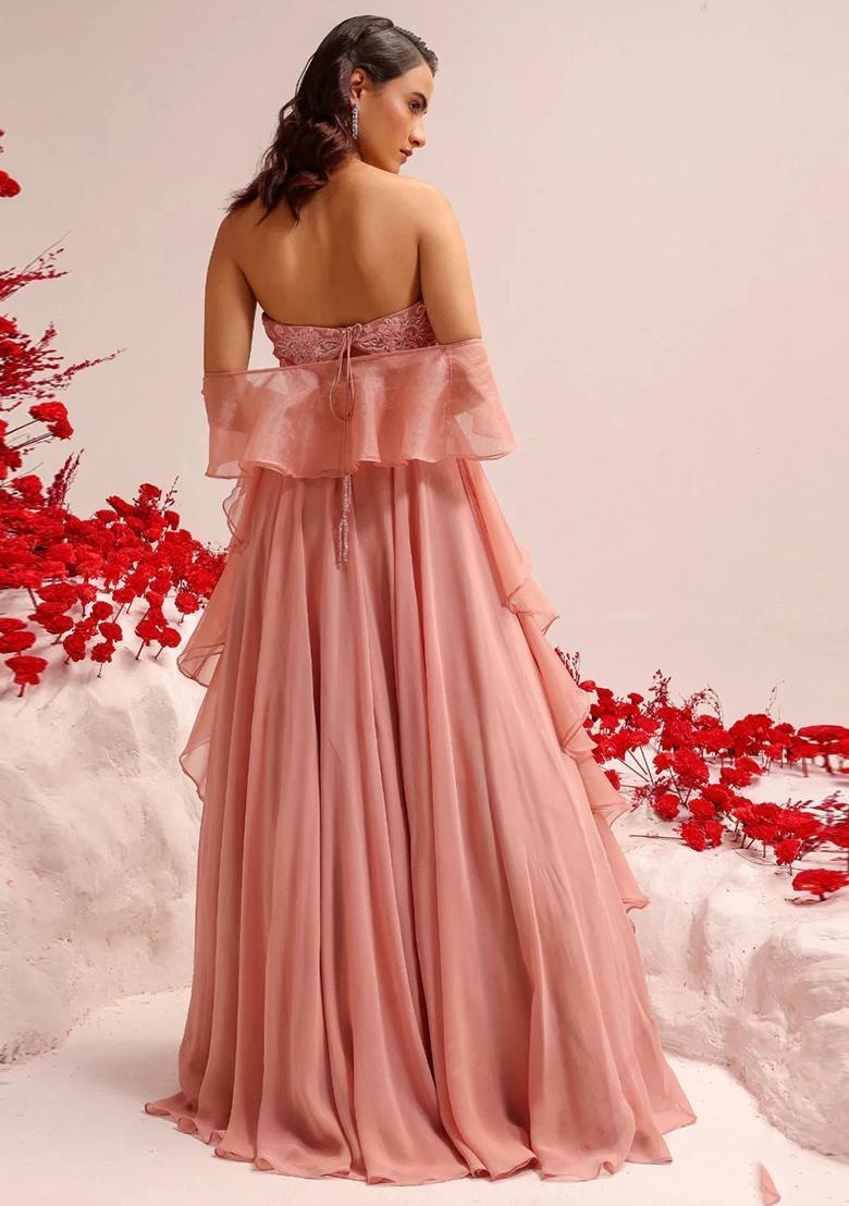 Soft Pink Hand Work Crepe Lehenga Set - Indya