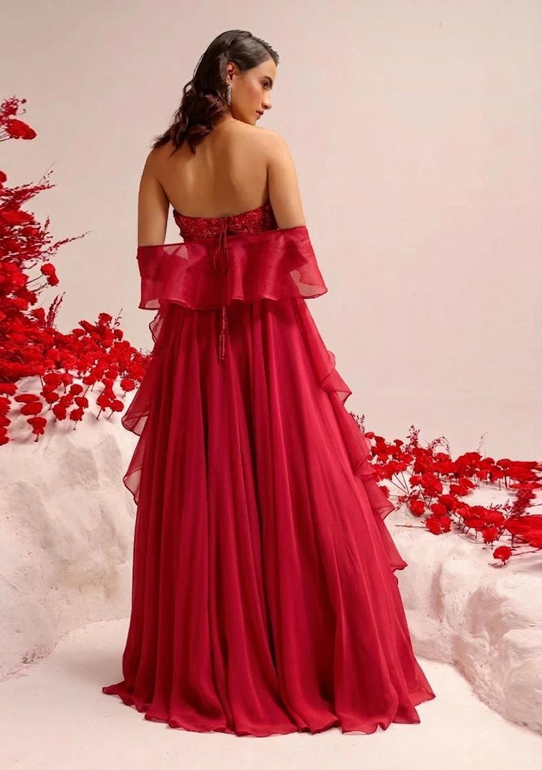 Red Hand Work Crepe Lehenga Set - Indya