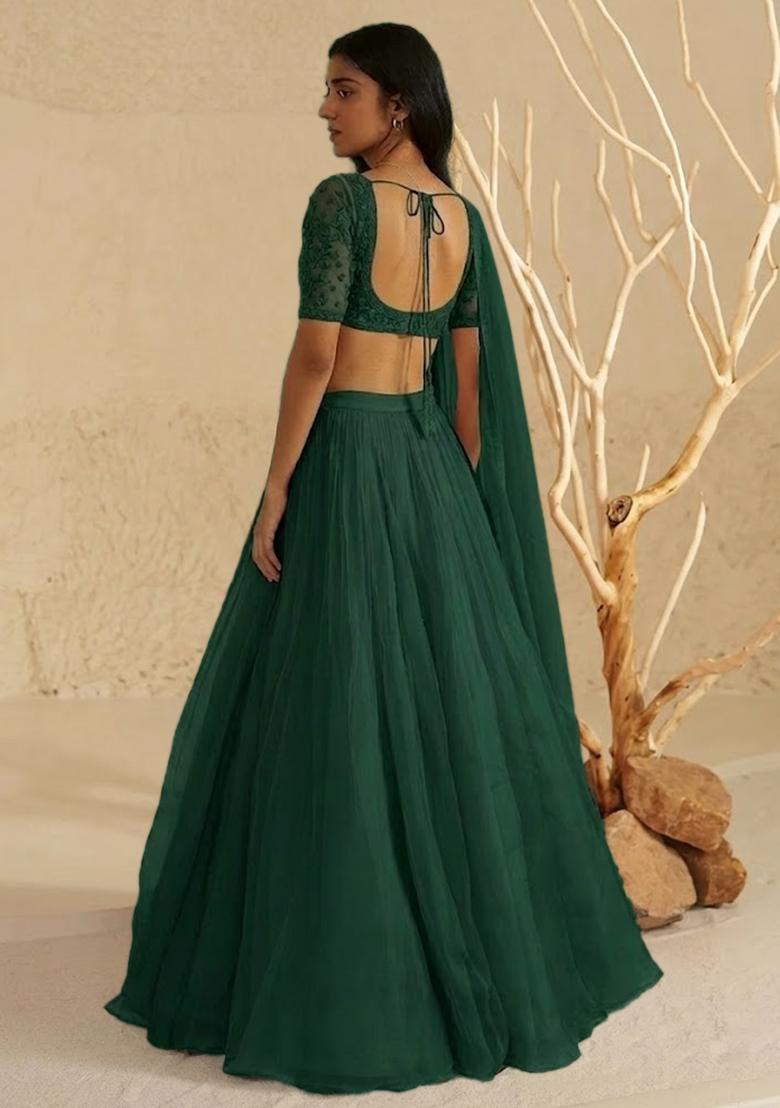 Emerald Green Hand Work Organza Lehenga Set - Indya