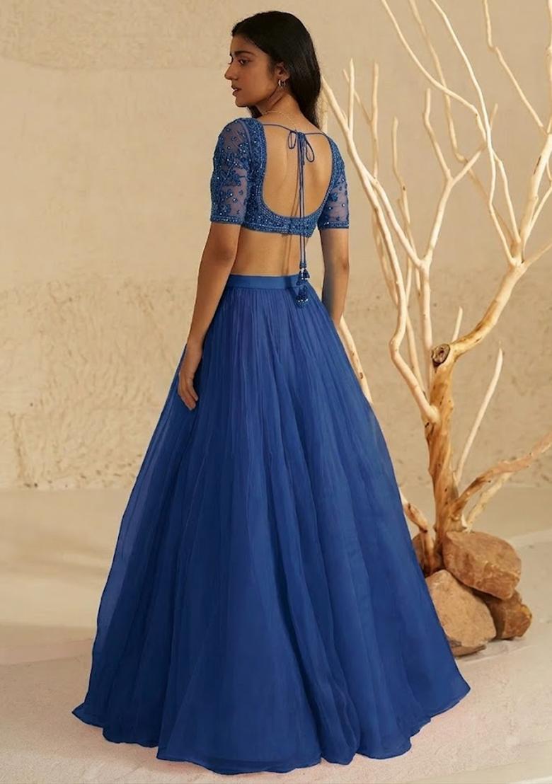 Blue Hand Work Organza Lehenga Set - Indya