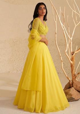 Lime Yellow Hand Work Organza Lehenga Set