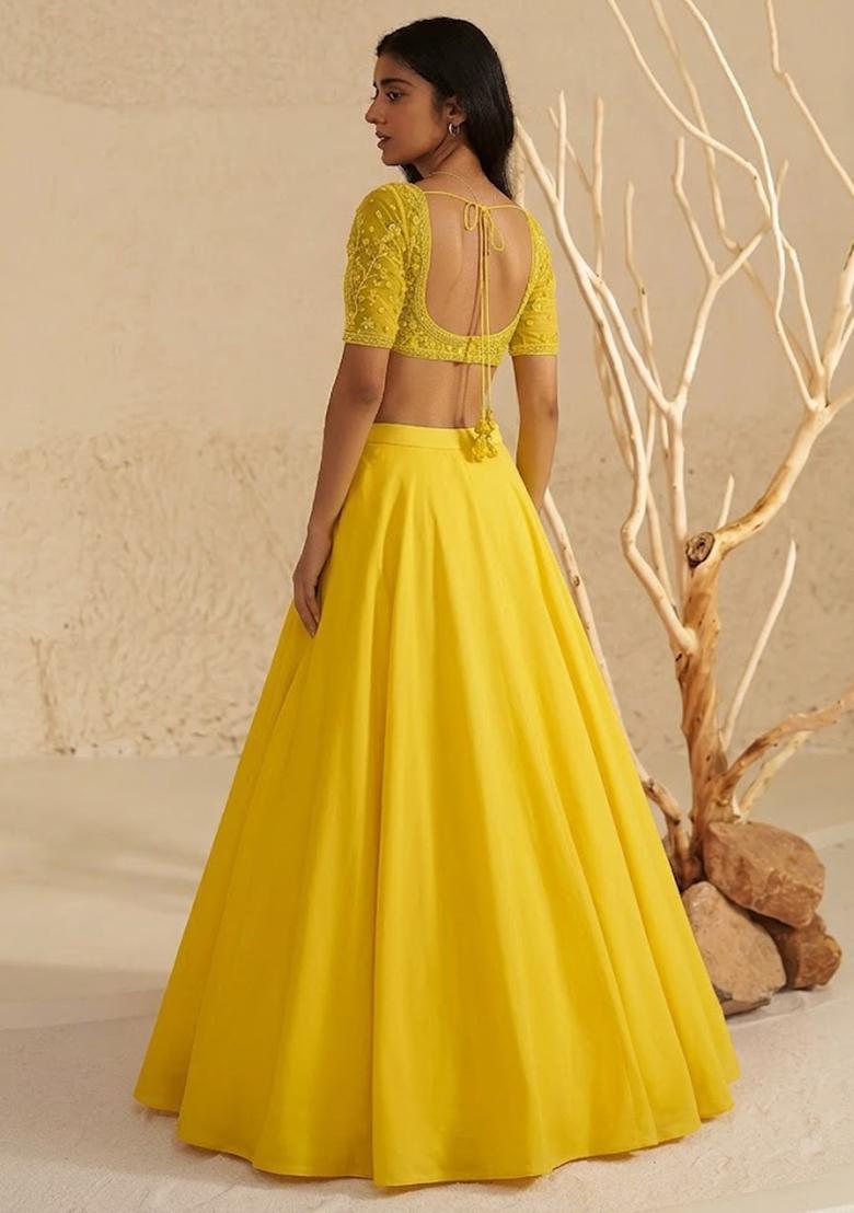 Lime Yellow Hand Work Organza Lehenga Set - Indya