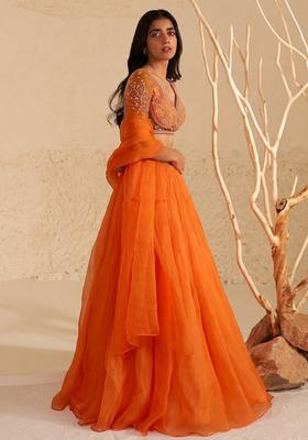 Orange Hand Work Organza Lehenga Set