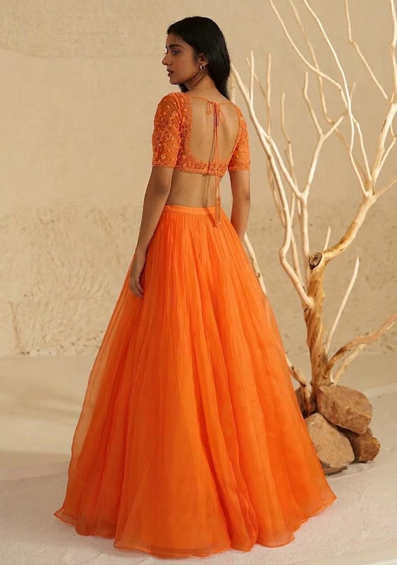 Orange Hand Work Organza Lehenga Set - Indya