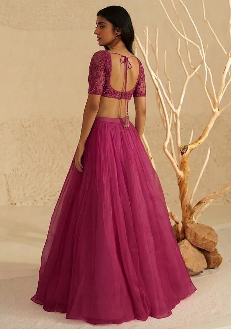 Wine Hand Work Organza Lehenga Set - Indya