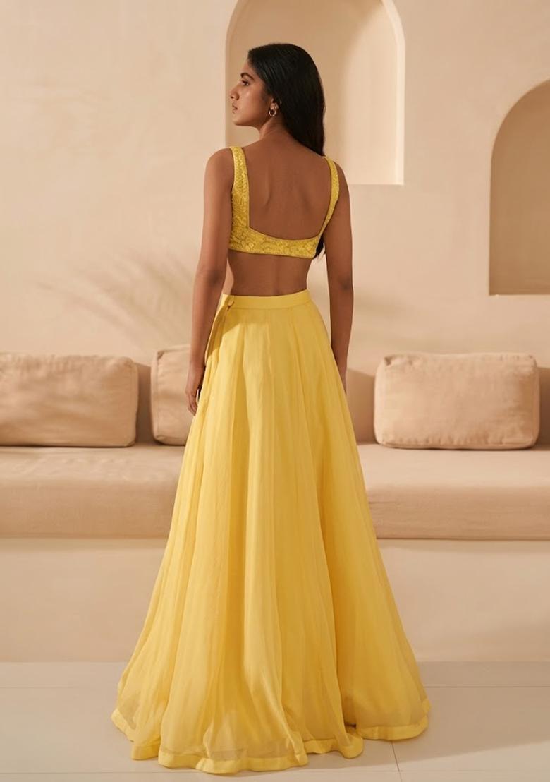 Yellow Hand Work Organza Lehenga Set - Indya
