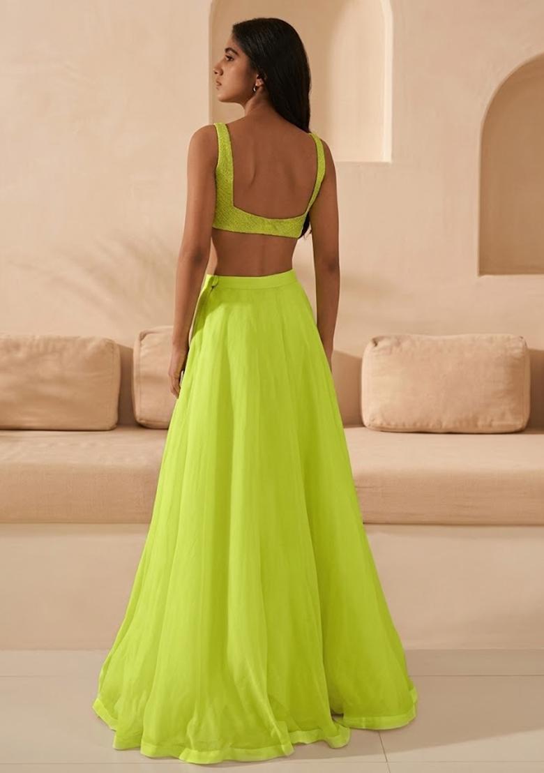 Lime Green Hand Work Organza Lehenga Set - Indya
